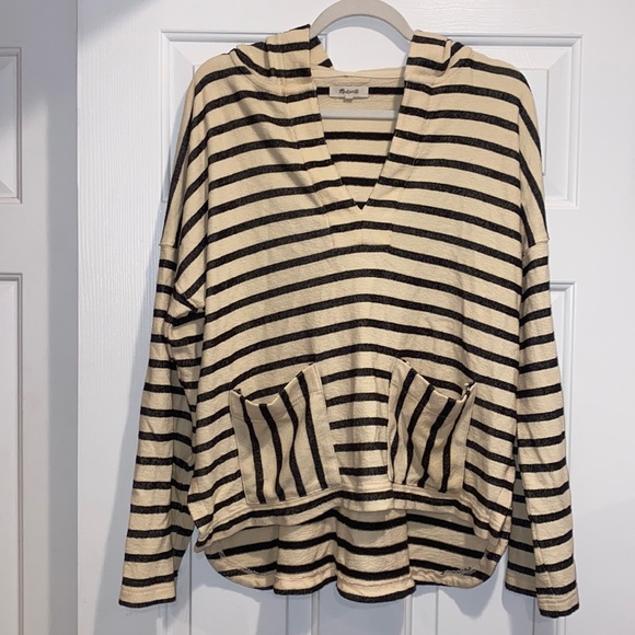 Madewell Tops - Madewell Striped Black/Cream Slouchy High-low Hooded Pull-over. Size Medium
